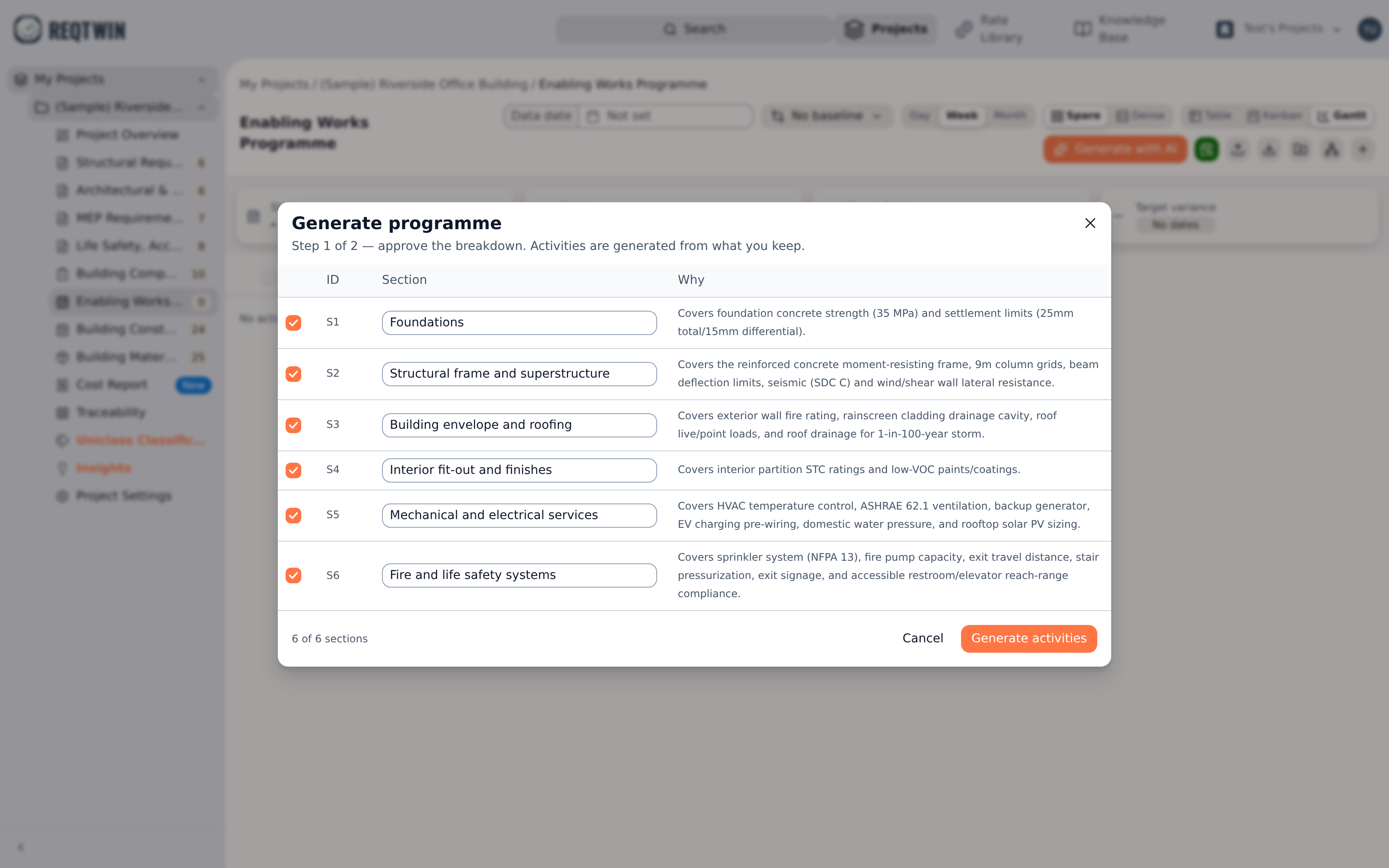 Step 1: six proposed sections, each editable inline, with the requirements each one covers beside it.