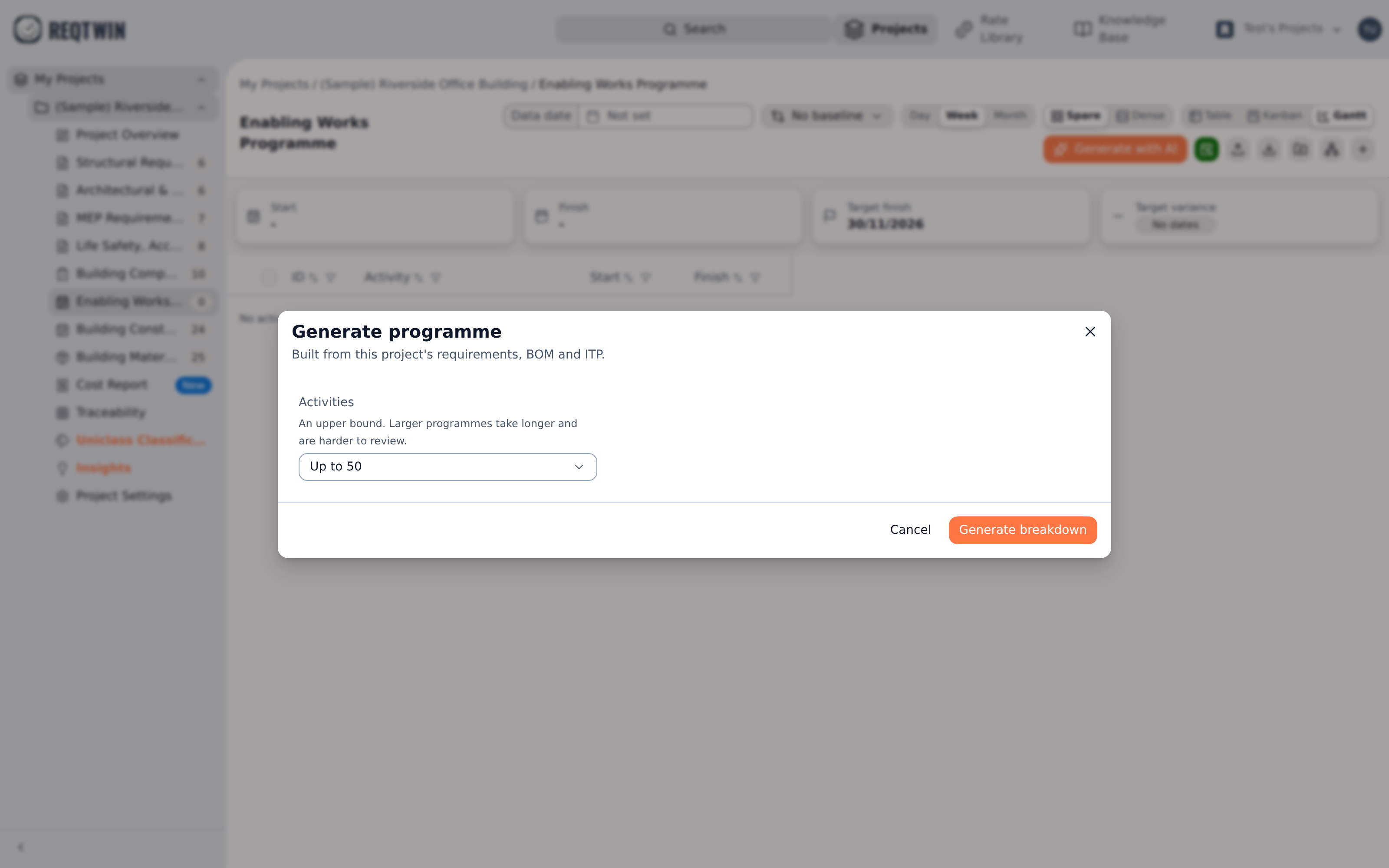 The generator's first screen: the activity ceiling, and a note that the draft is built from the project's requirements, BOM and ITP.