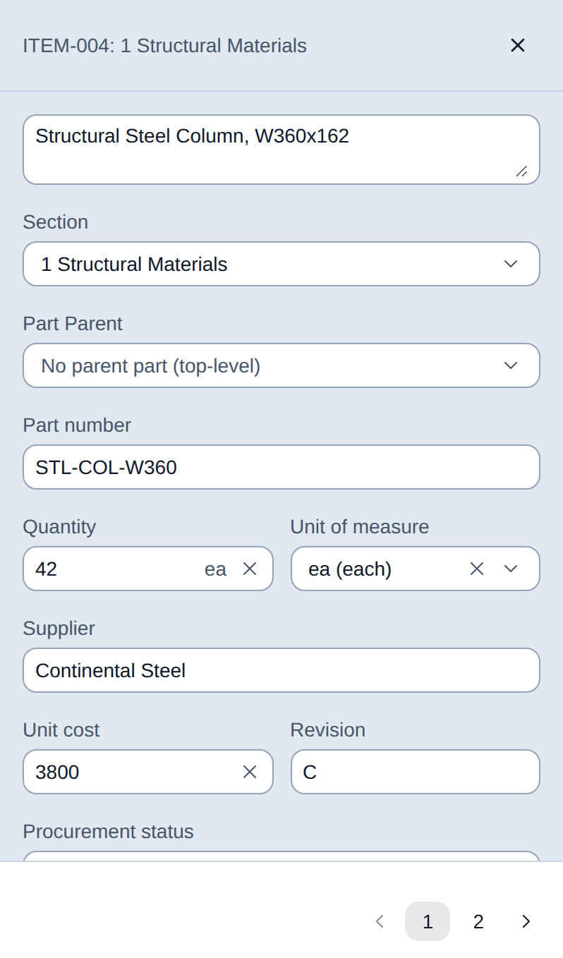 A BOM item's detail panel: part number, quantity and unit, supplier, cost, revision, and procurement status, with its links to the other registers below.