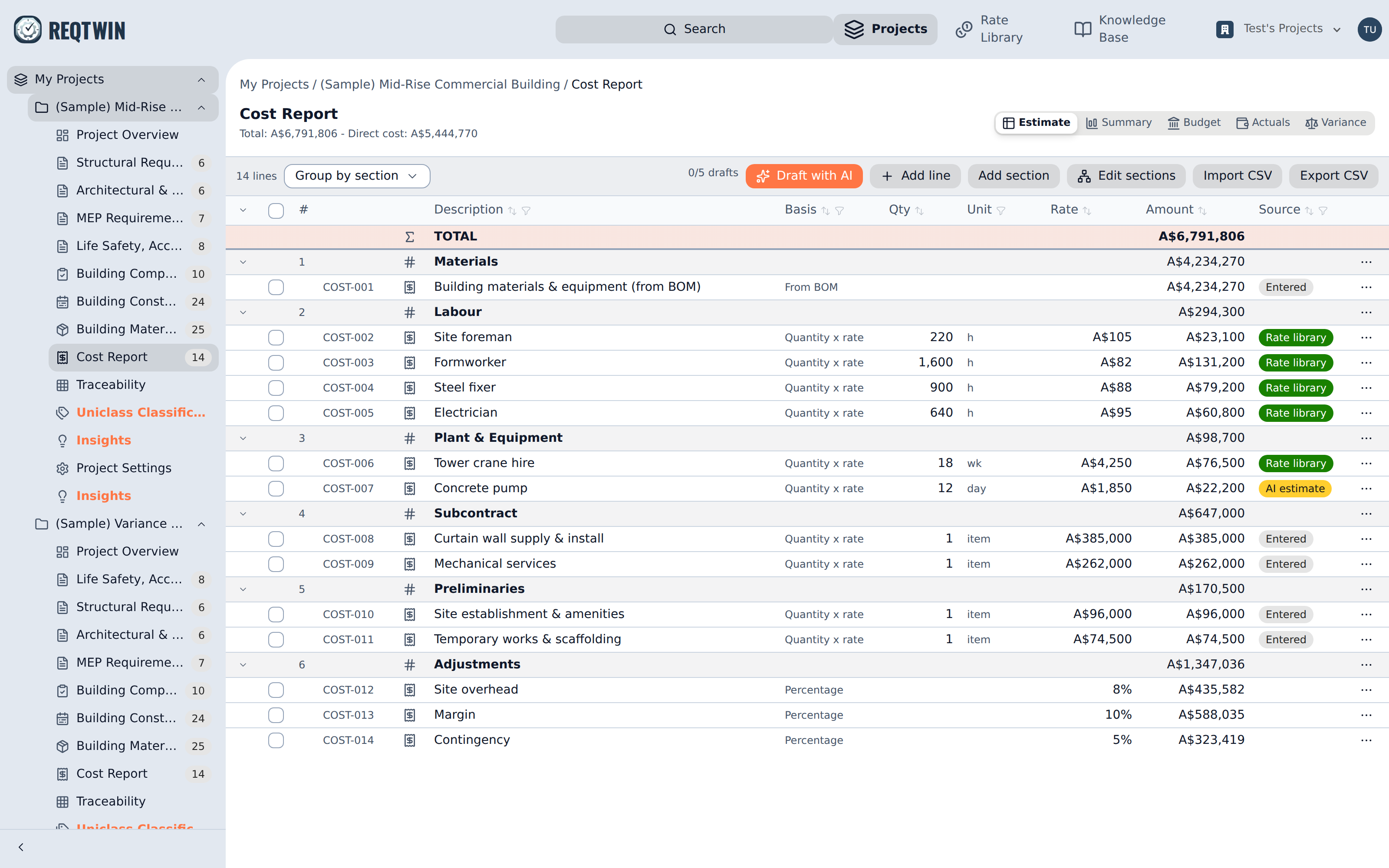 The Estimate view: sections, cost lines, and a frozen total above them.