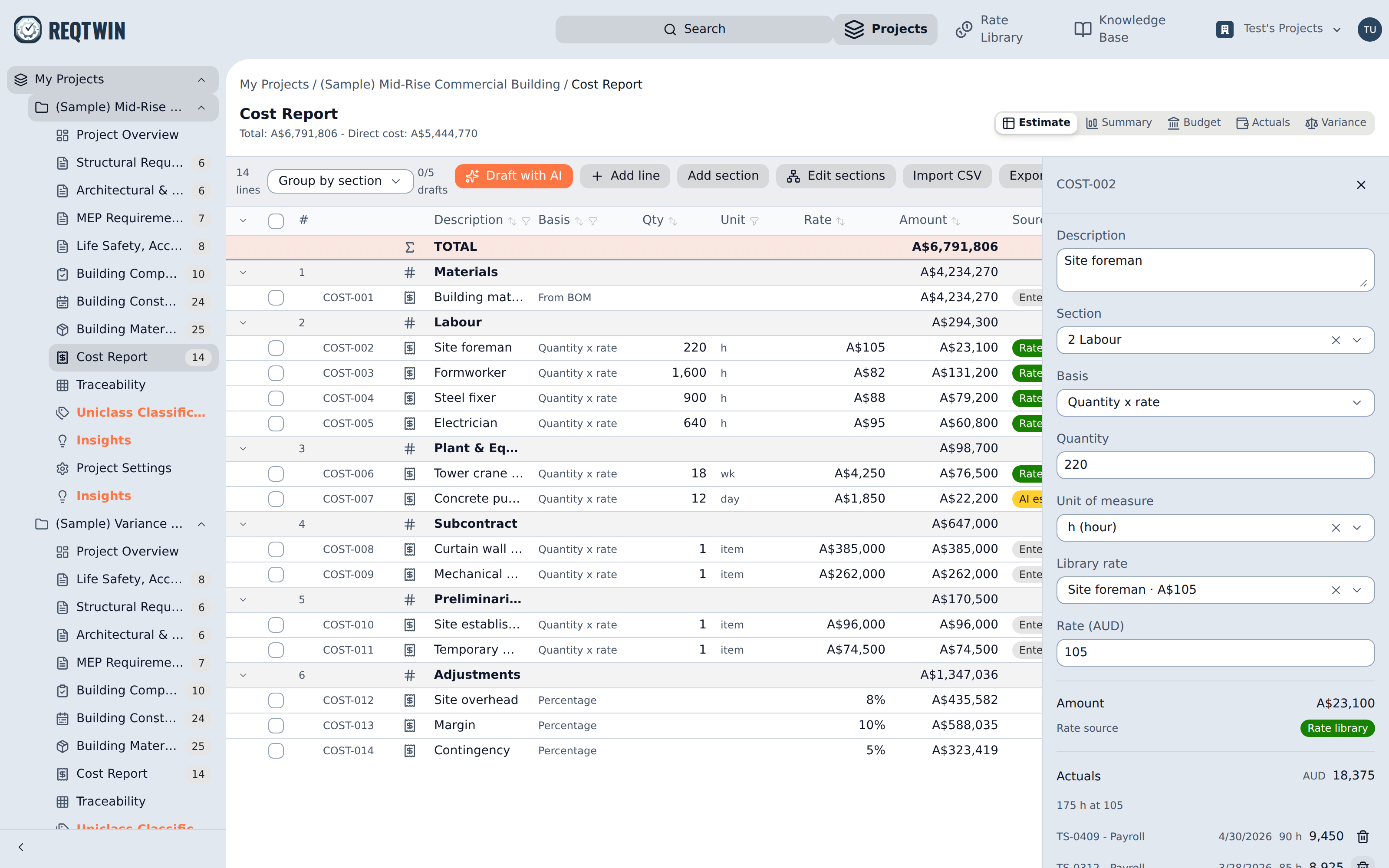 A line's detail panel: basis, quantity, unit, library rate, and the source badge under the amount.