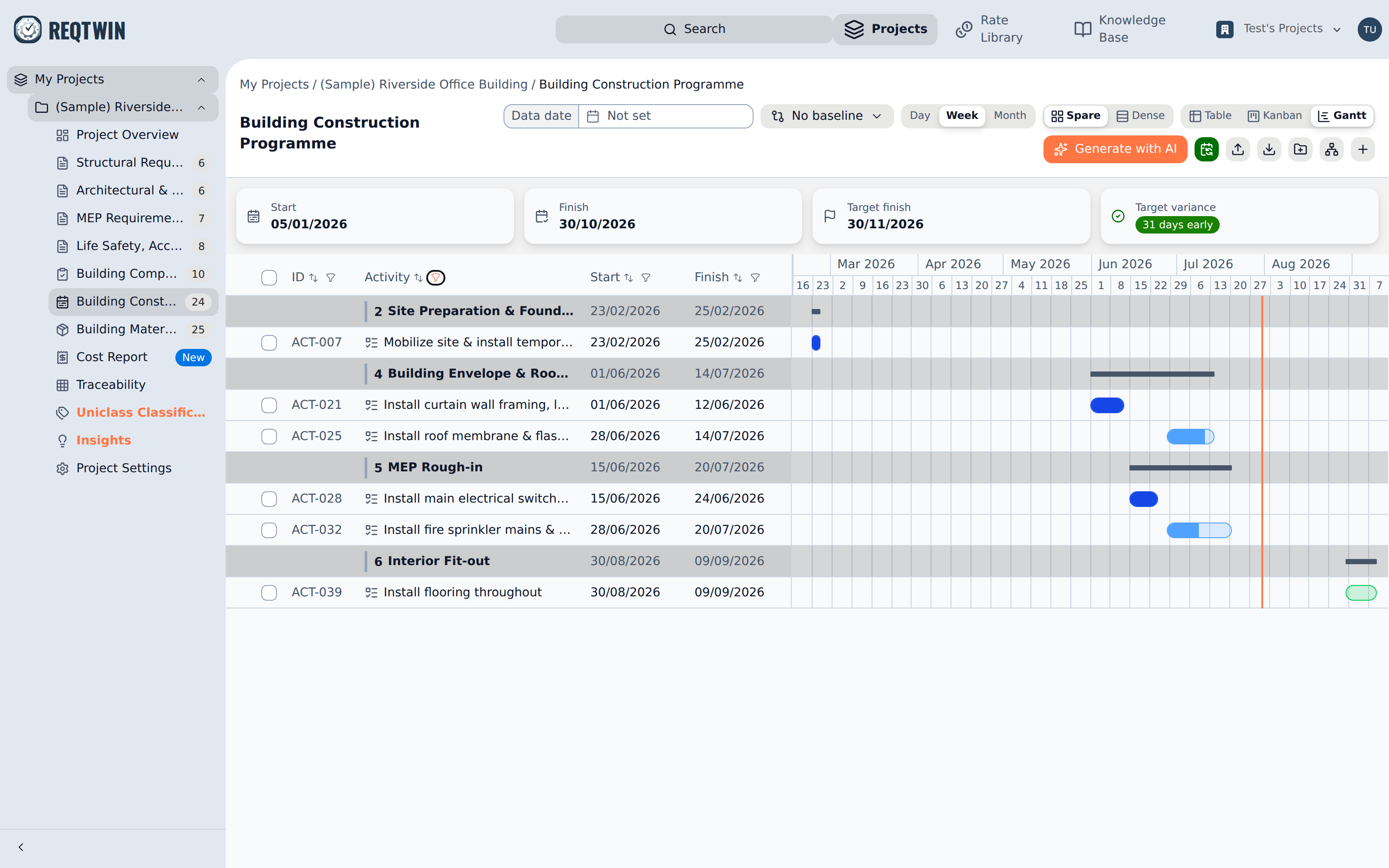 The Activity column filtered to "install", with the matching activities left under their WBS elements.