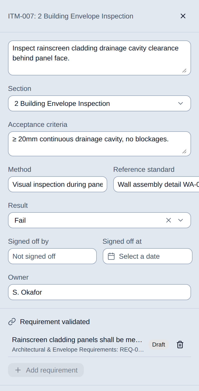 An inspection item's detail panel: acceptance criteria, method, reference standard, result, and sign-off.