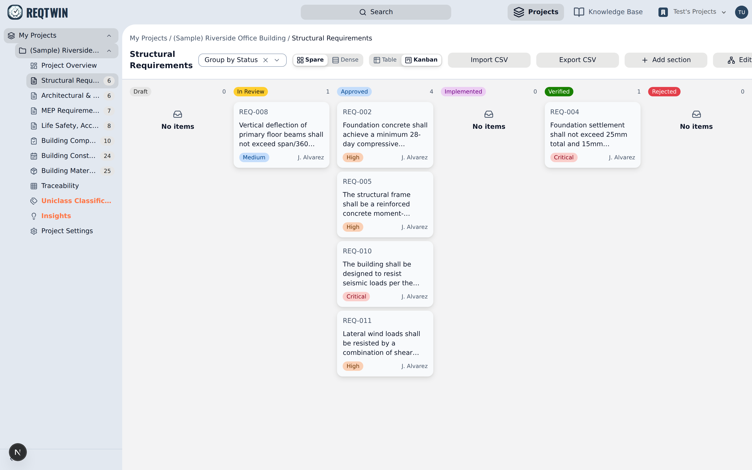 The same requirements register in kanban view, one column per status.