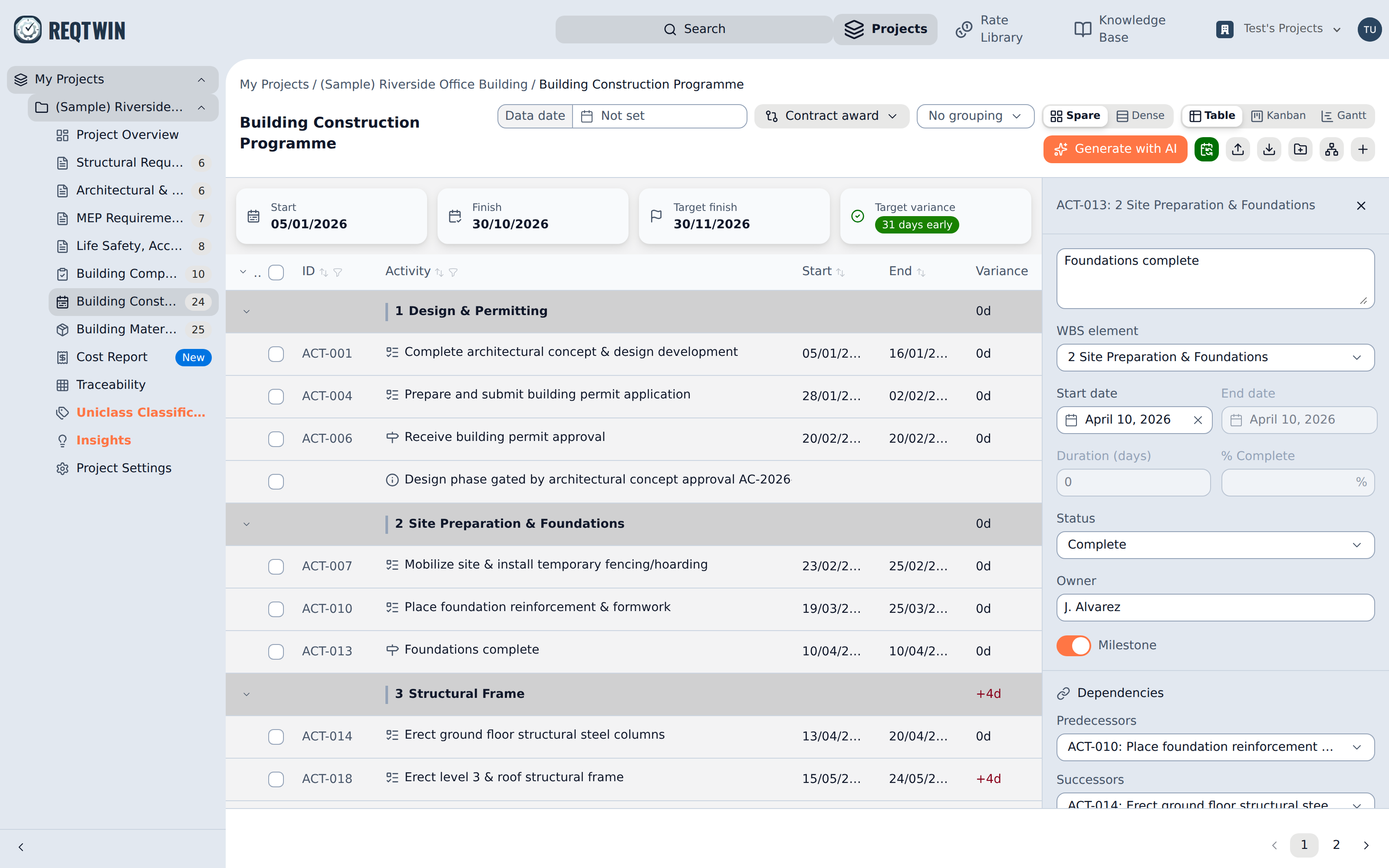A milestone's detail panel: the Milestone toggle zeroes the duration, and Dependencies lists its predecessors.