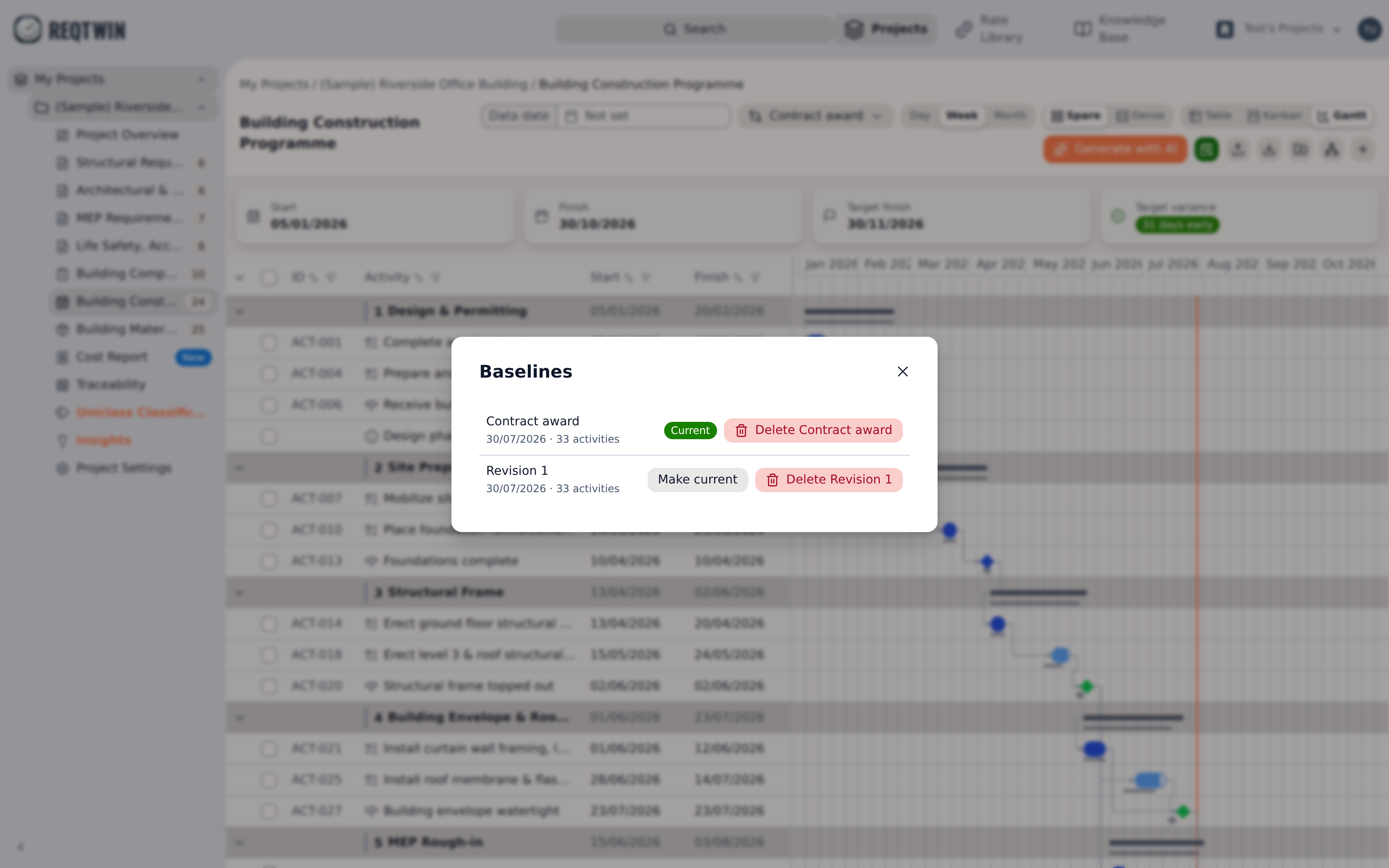 The Baselines dialog: "Contract award" marked Current, and a second baseline with Make current and Delete.