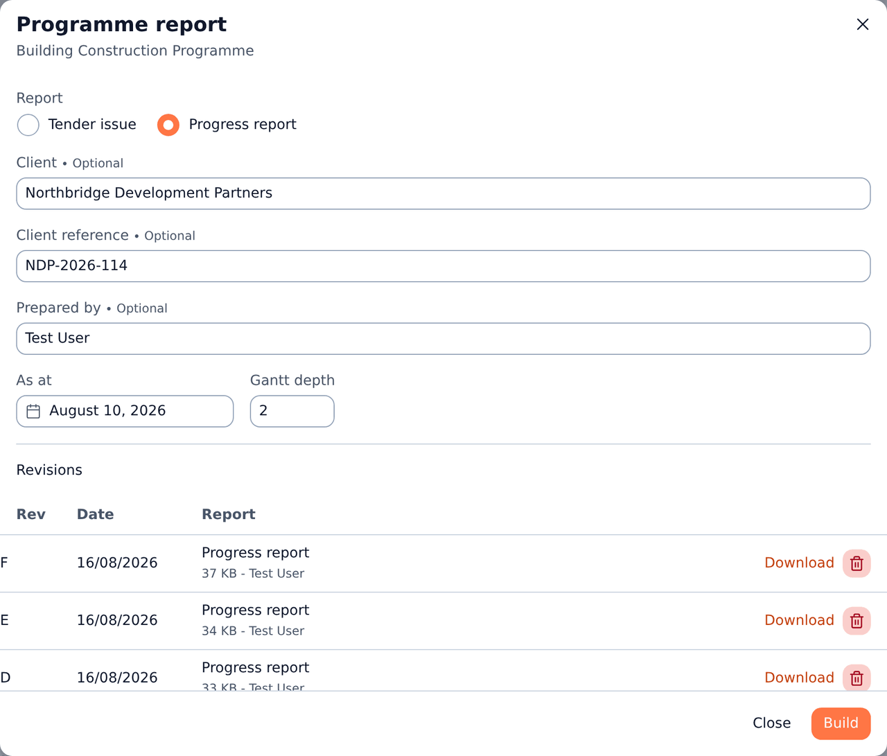 The Programme report dialog: the preset choice, the cover fields, the as-at date and Gantt depth, and the revisions already issued.