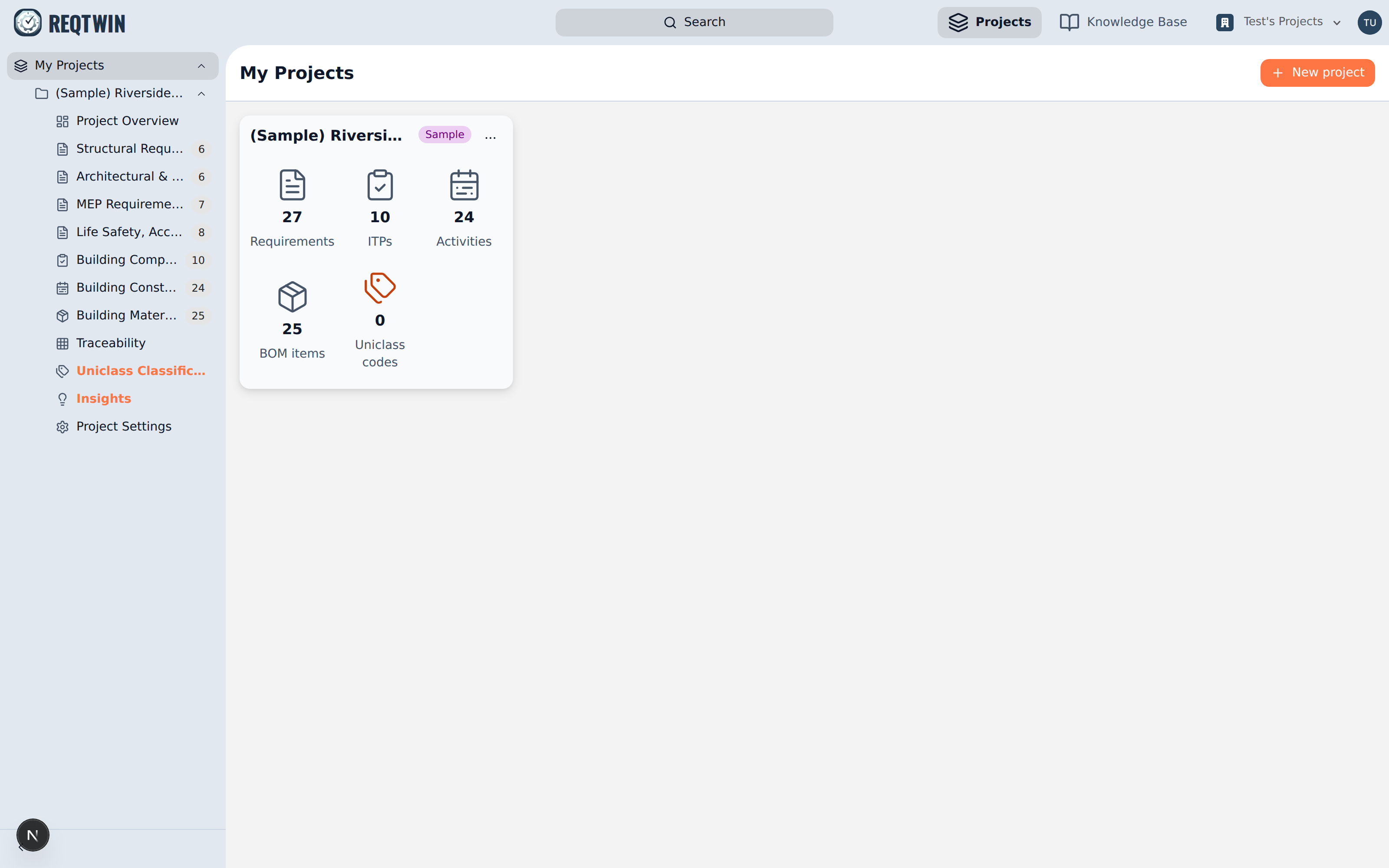The My Projects page. Every account starts with a sample project to explore.