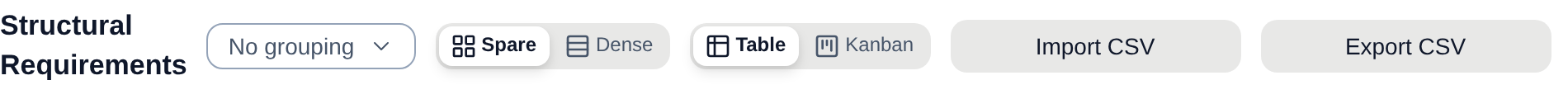 The register toolbar: grouping picker, Spare/Dense density toggle, and the Table/Kanban switcher.