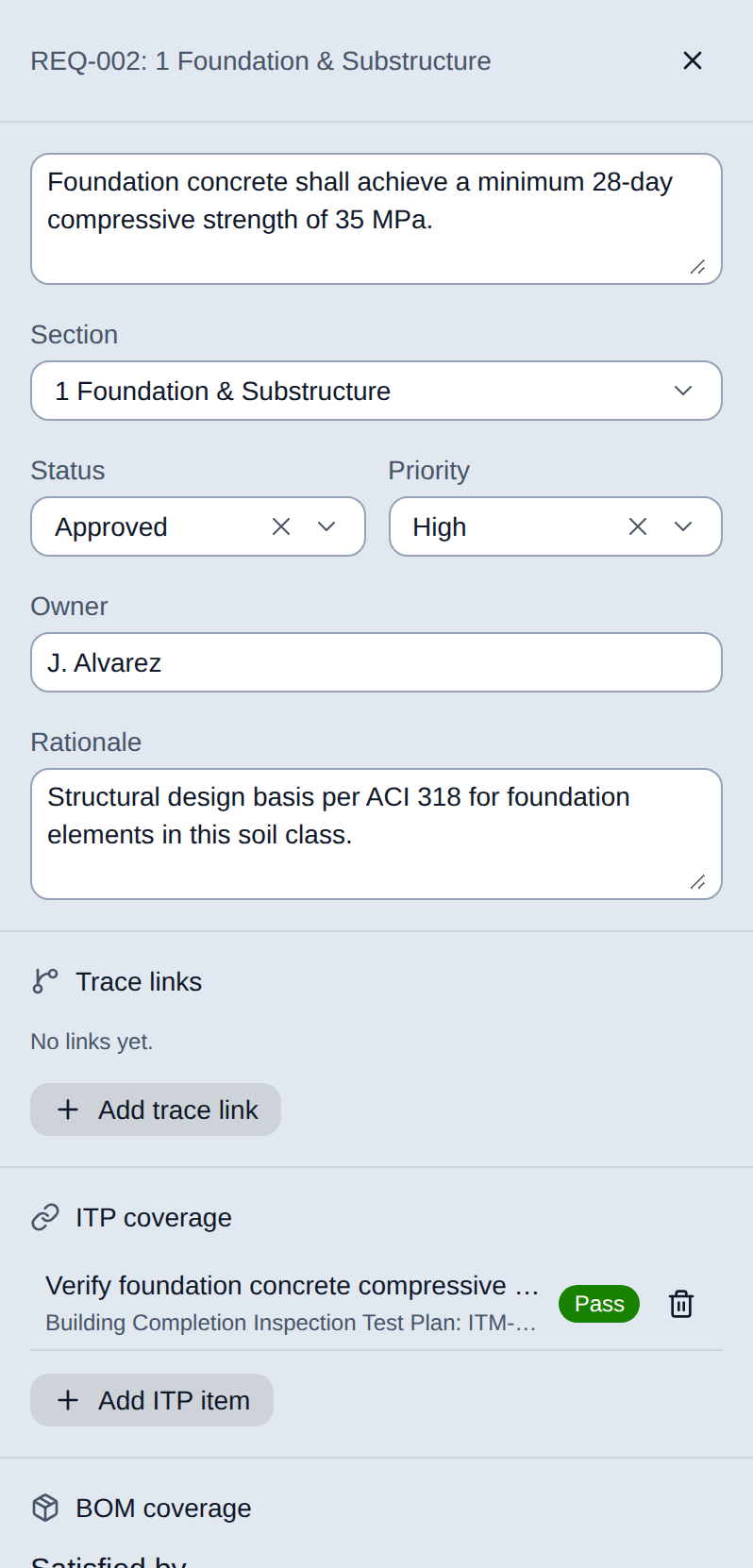 A requirement's detail panel: text, section, status, priority, owner, and rationale, with coverage sections below.