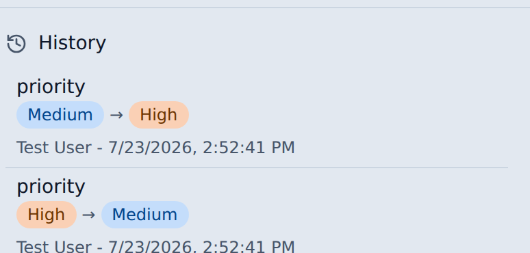 Each tracked field change is logged with the old value, new value, editor, and timestamp.