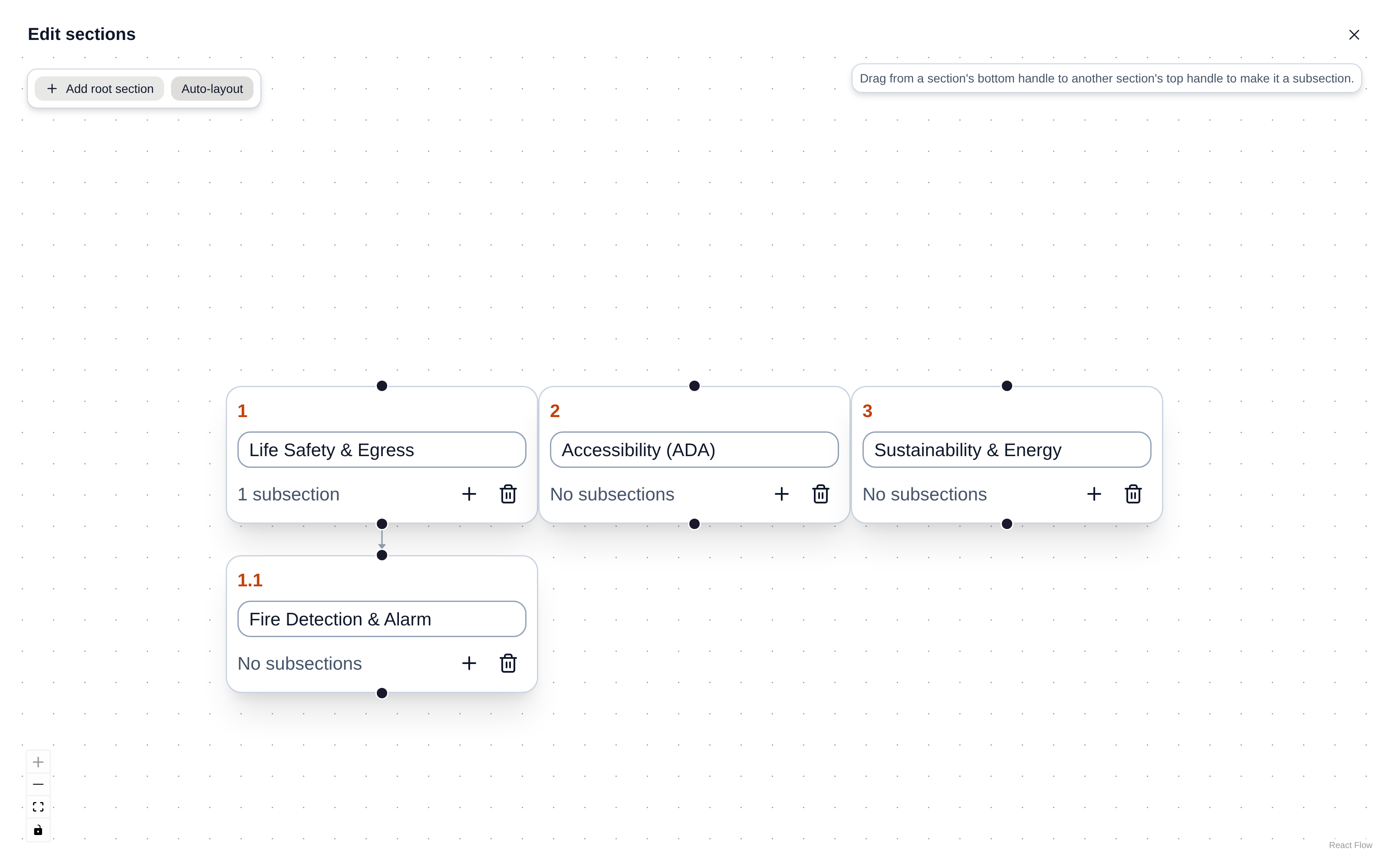 The section editor canvas. Section 1.1 is nested under section 1, and the outline numbers update live.
