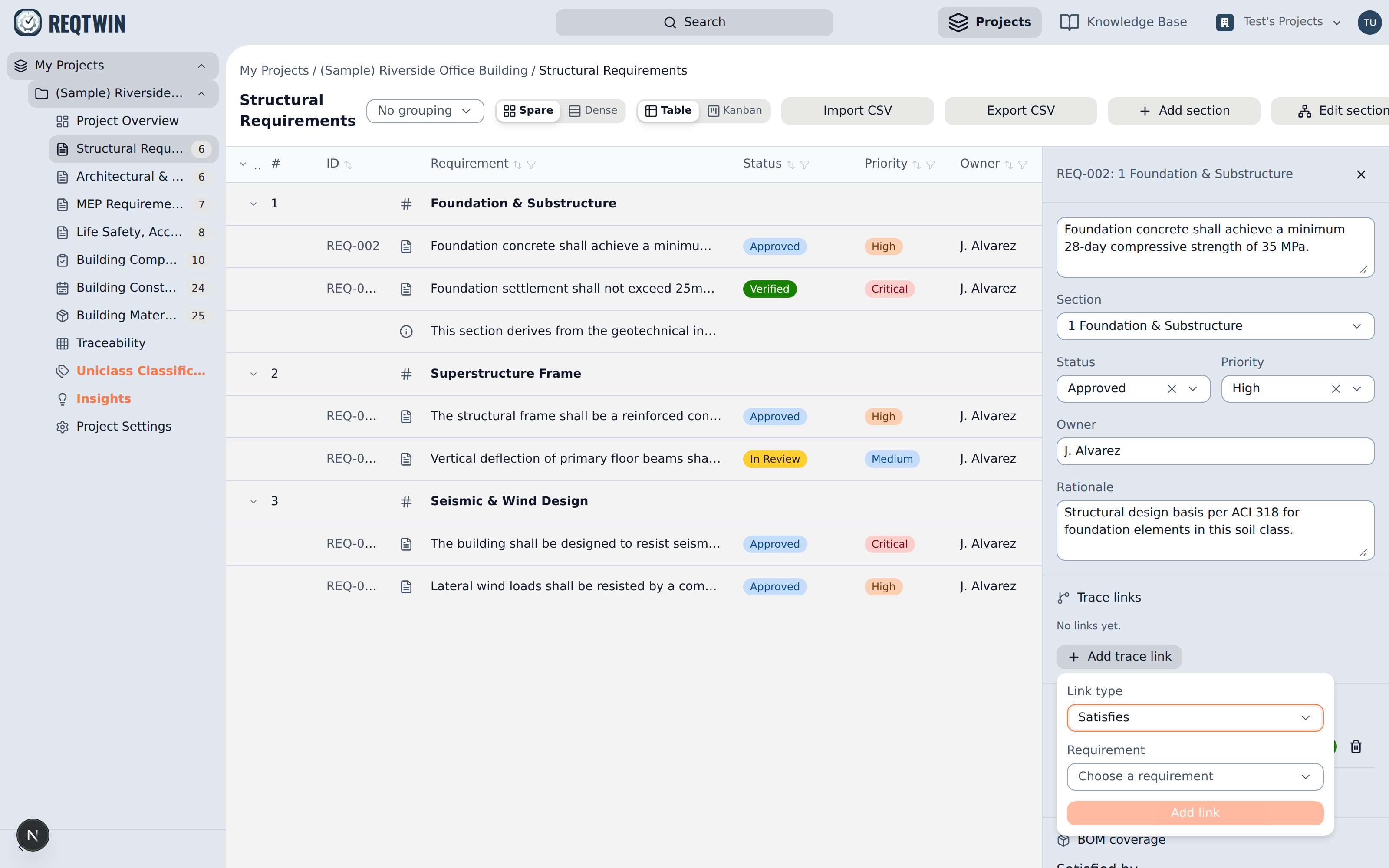 Adding a trace link: choose the link type, then a requirement from the ranked picker.